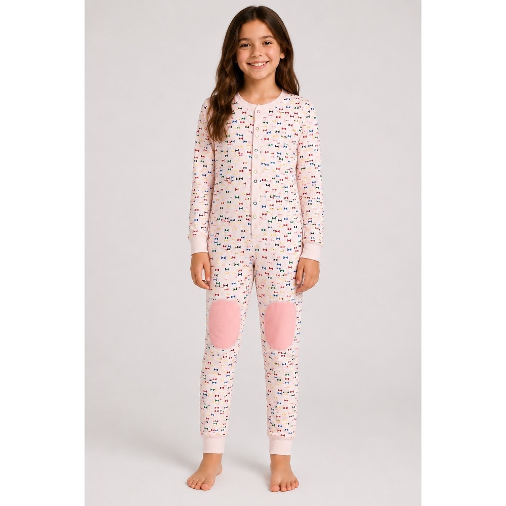 Hanna Andersson Pink Bow Print Organic Cotton Union Suit Pajamas Girls Size 12